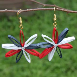 red white and blue nine pointed star paper quilled earrings
