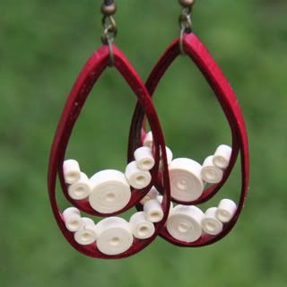 Large Maroon Teardrop Earrings with Cream Accents - Paper Quilled