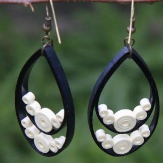 Navy Teardrop Earrings with Cream Circle Accents - Paper Quilling